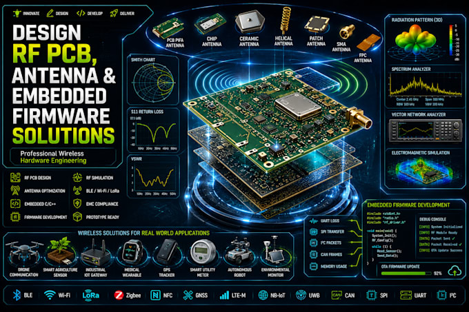 design rf pcb, antenna and embedded firmware solutions