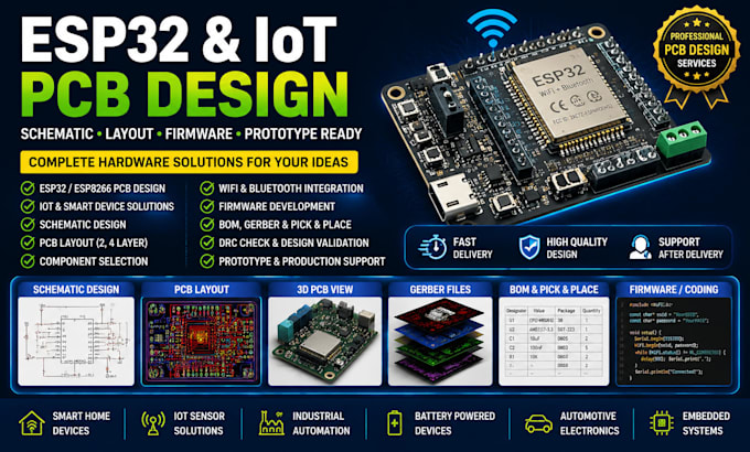 design esp32 iot pcb, schematic, firmware sensor pcb and manufacturing files