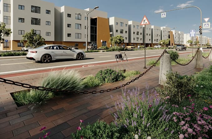 showcase 3d department complex rendering, exterior render, building street view