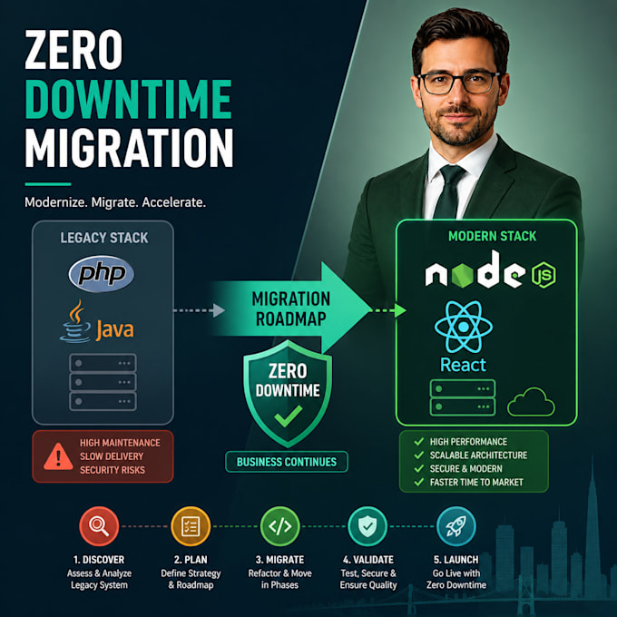 migrate legacy PHP or java apps to node js or react with zero downtime