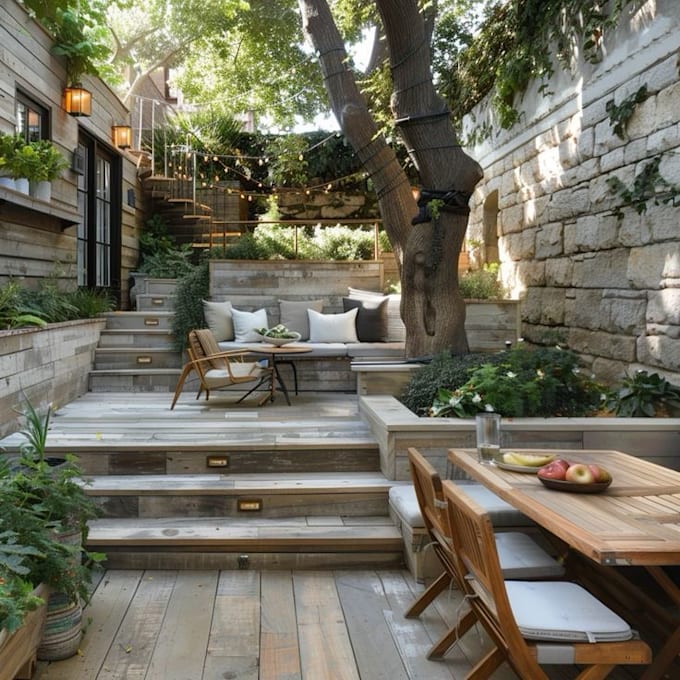 design elegant 3d terrace with pergola, deck, and lounge area