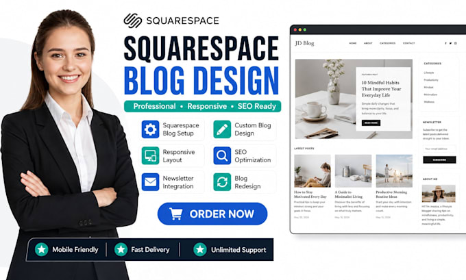 build squarespace blog design SEO setup responsive website and custom layouts