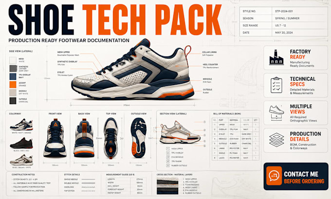 create a shoe tech pack ready for manufacturing