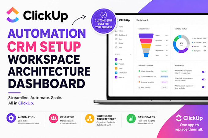setup clickup automation CRM build out clickup workspace architecture dashboard