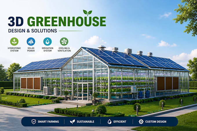 create 3d greenhouse, solar panel, cool pad, hydroponic lightning, irrigation