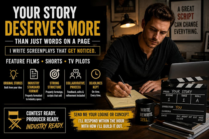 write movie script, screenplay, screenwriting, and tv series as scriptwriter
