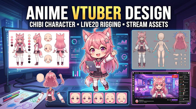 design anime chibi character, live2d vtuber background, rigging and full asset