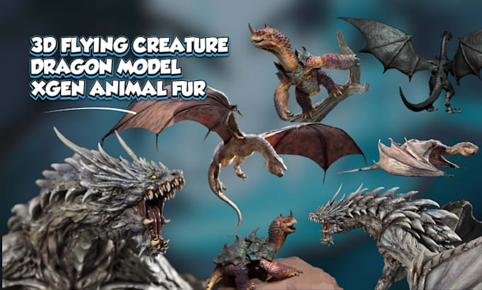 do realistic 3d creature, dragon 3d model, 3d realistic pbr fur zbrush texture