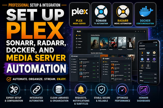 set up plex, sonarr, radarr, docker, and media server automation
