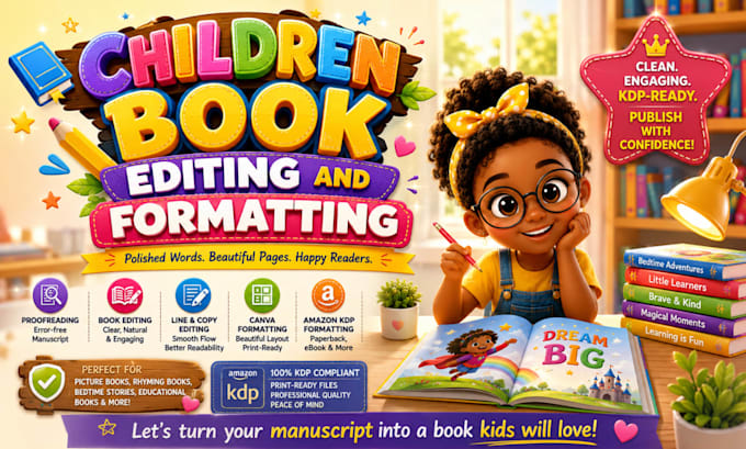 proofread, edit children story book, canva formatting, kdp picture book editor
