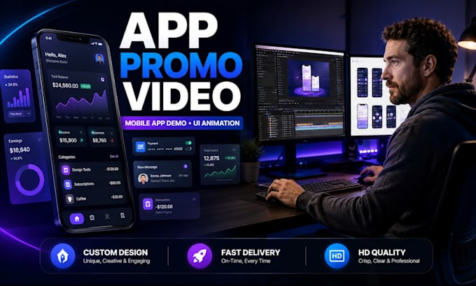 create an engaging app promo video, mobile app demo, and UI animation
