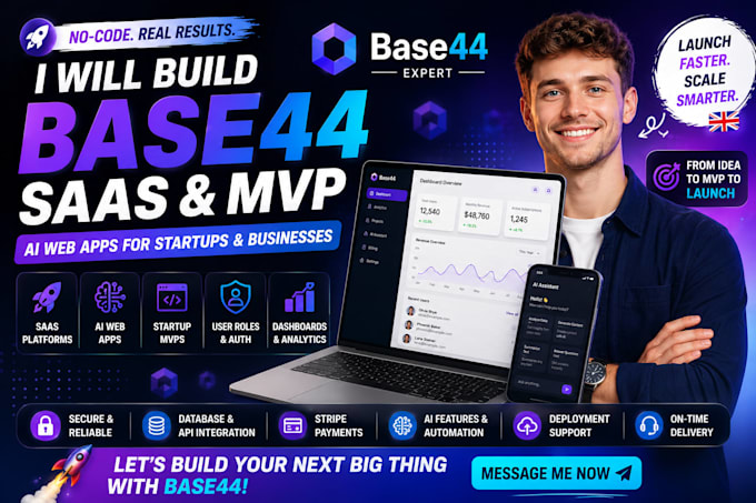 build base44 saas mvp ai web app startup app using base44