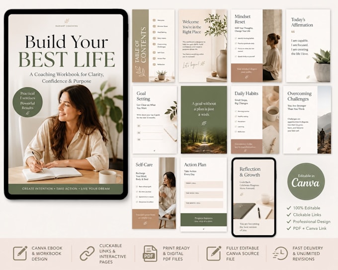 design canva coaching ebook, editable workbook, clickable journals