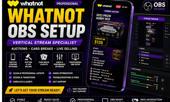 set up a professional whatnot vertical obs stream for auctions and card breaks