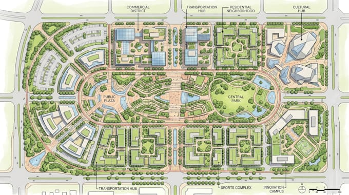 design architectural site plan, master plan, 3d site plan rendering