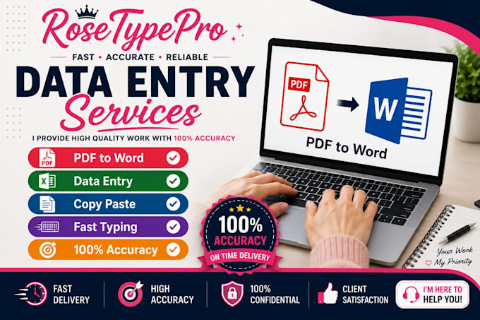 do accurate date entry, PDF to word, copy paste, and data typing
