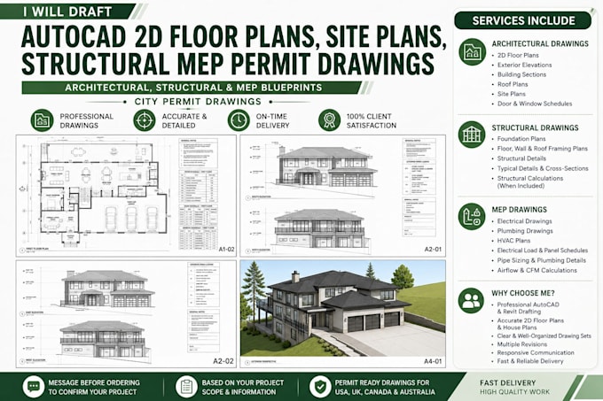 draft autocad 2d floor plan blueprints,site plan, structural,mep permit drawings