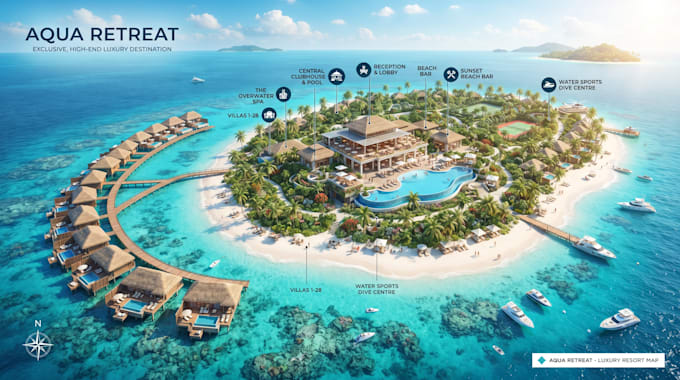 custom resort map illustration, hotel resort map vacation resort map visitor map