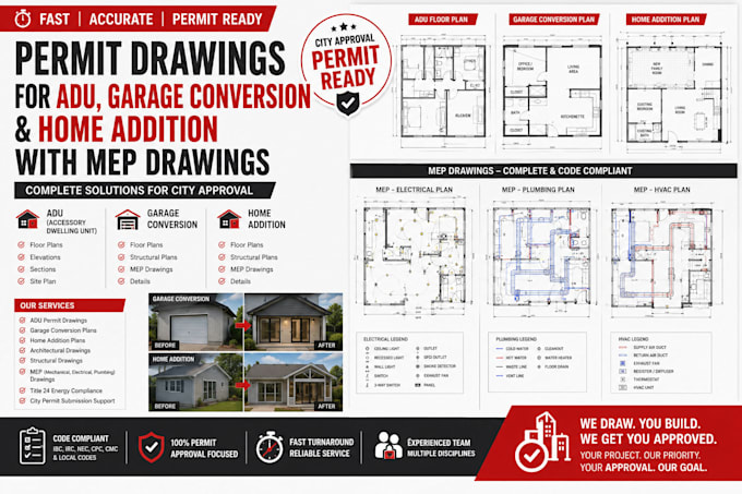 create permit drawings for adu garage conversion and home addition mep drawing
