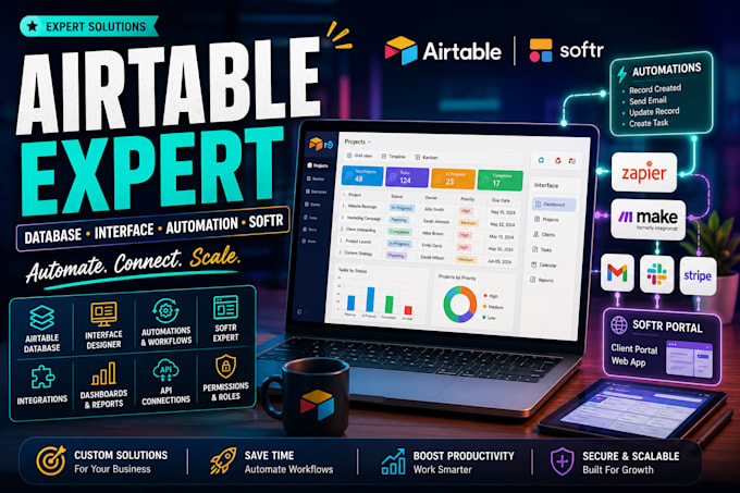 design airtable database with make, zapier and softr integration