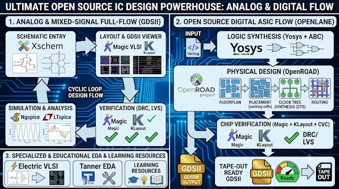 design vlsi circuits using openlane, magic vlsi, xschem and klayout