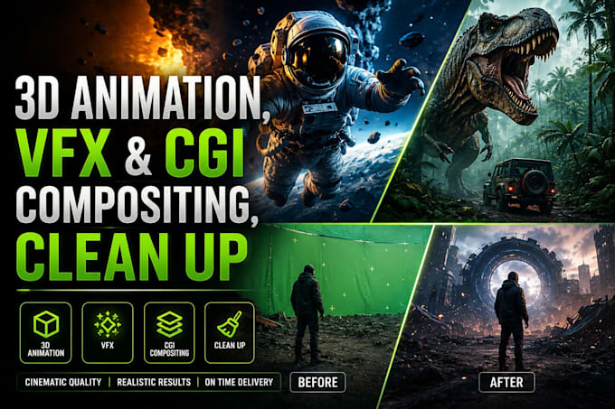 do 3d animation, camera tracking, cgi, vfx compositing and cleanup