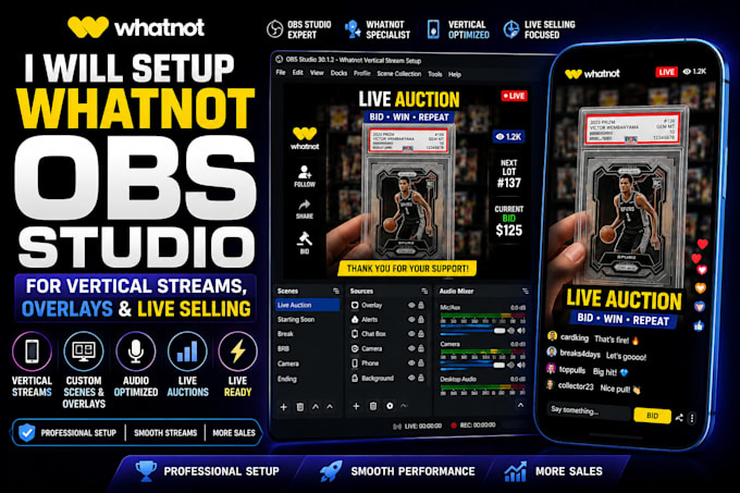 setup whatnot obs studio for vertical live selling with overlays