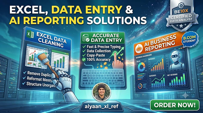 do excel data cleaning, data entry, and ai business reporting