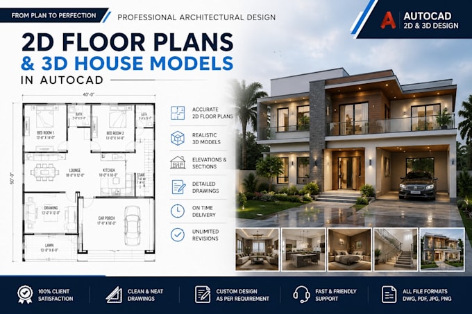 create autocad 2d floor plans and realistic 3d house models