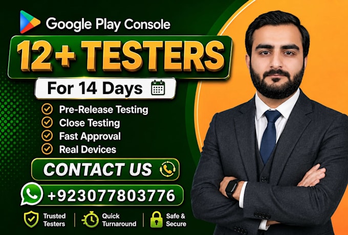 provide 12 tester for google play closed testing for 14 days