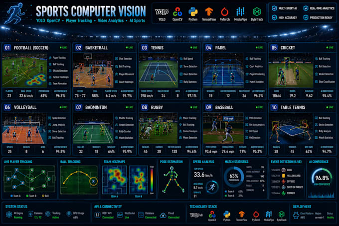 develop sports computer vision, yolo opencv, player tracking and video analytics