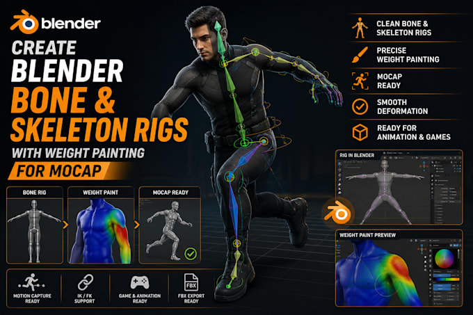 create blender bone and skeleton rigs with weight painting for mocap