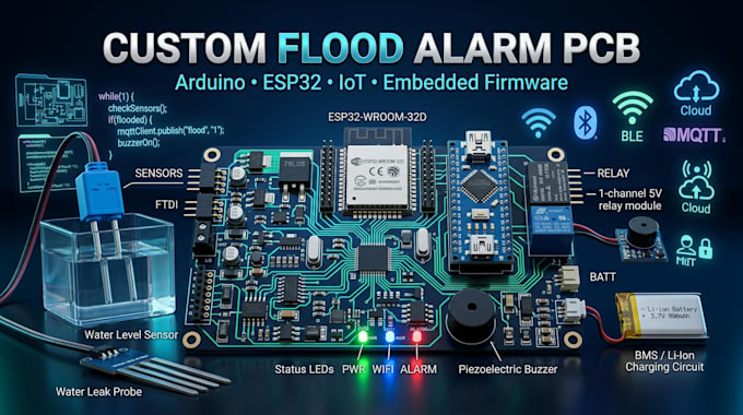 design custom flood alarm pcb, arduino esp32, iot and embedded firmware