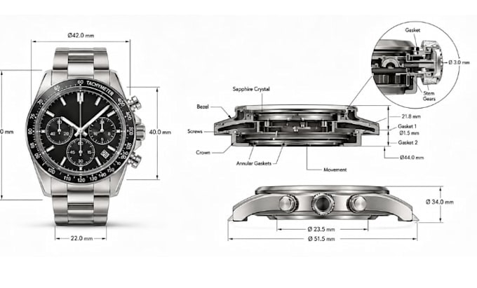 design 3d wristwatch cad model, technical drawing, rendering and 3d printing