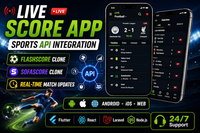 develop live score app, sports API integration and sports website
