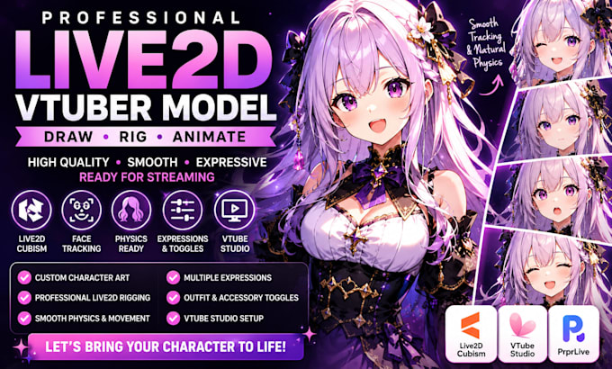 draw, rig and animate professional live2d vtuber model with physics