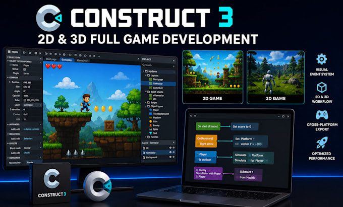 develop 2d, 3d construct 3 game development for mobile and html5 and fix bugs