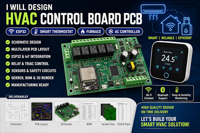 design hvac control board pcb, esp32, smart thermostat, furnace, ac controller
