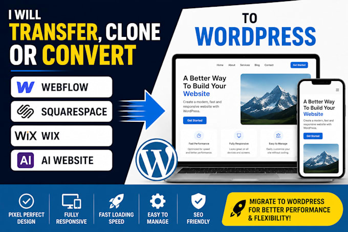 transfer clone or convert webflow, squarespace, wix, ai website to wordpress