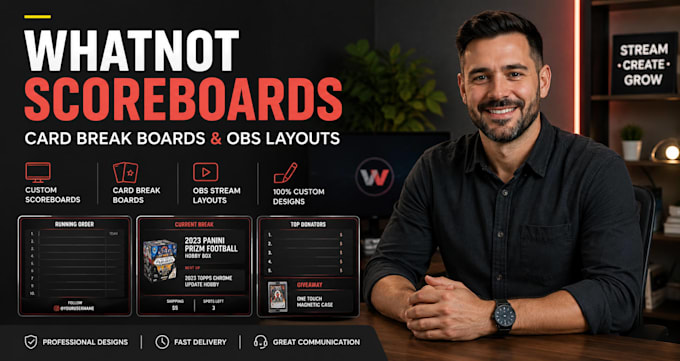 set up obs for whatnot vertical streams, scoreboards, auctions, and card breaks