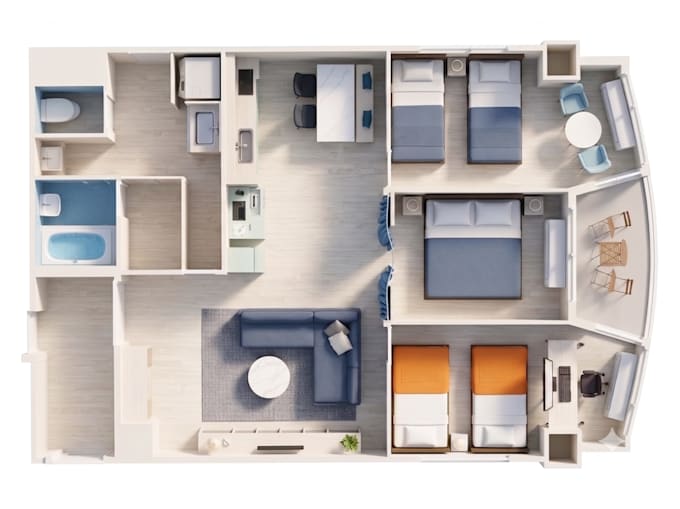 create a realistic 3d floor plan for vacation rentals