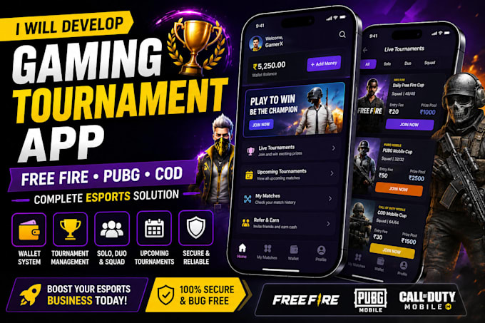 develop a custom gaming tournament app for free fire, pubg, cod