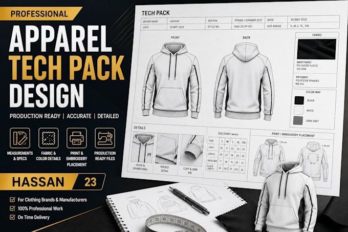 create professional clothing tech pack for manufacturers
