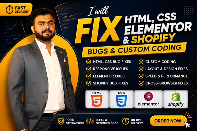fix HTML CSS, elementor, and shopify bugs and custom coding