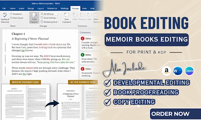 edit your memoir book for KDP print, proofreading, developmental and copy edit