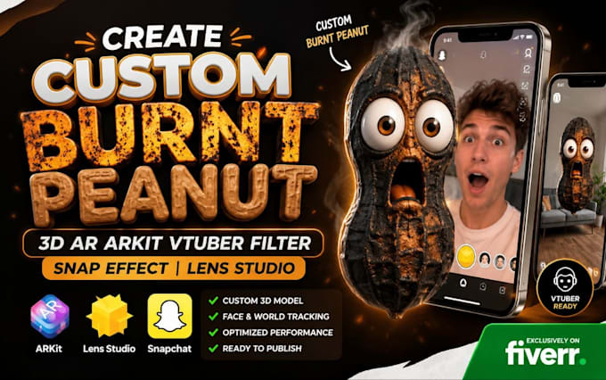 create custom burnt peanut, 3d ar arkit vtuber filter, snap effect, lens studio