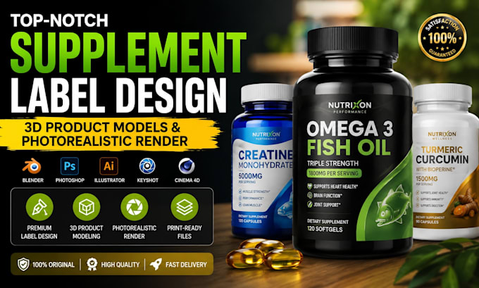 do top notch supplement label design 3d product models  photorealistic render