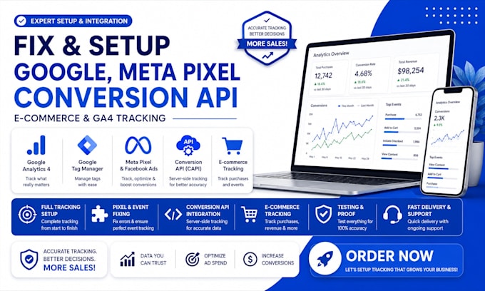 set up ga4 google analytics 4, GTM and meta pixel ads conversion tracking expert