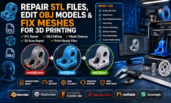 design stl files, edit models, fix meshes and optimize 3d