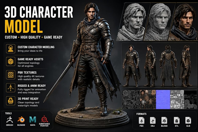 create a custom 3d character model for games, animation and 3d printing
